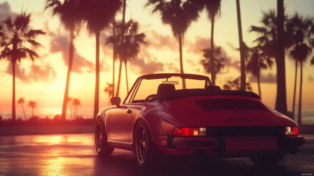 A cinematic view of Porsche under a glowing sunset with palm trees swaying gently in the background.