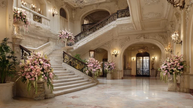 A classic Luxury hotel lobby with marble floors, grand staircases and floral arrangements.