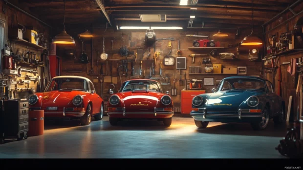 A classic garage filled with vintage Porsche models surrounded by old tools and soft light.