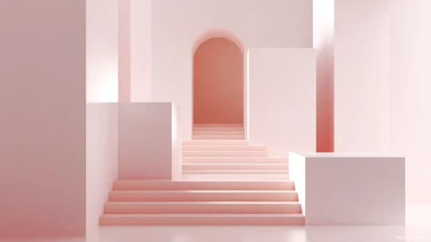 A clean geometric look using soft pink hues and precise linear arrangements.