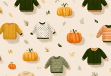A clean minimalist preppy Fall pattern featuring striped sweaters, tiny pumpkins, and gentle leaf accents.