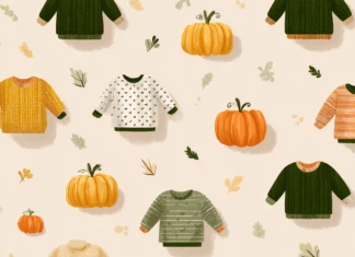 A clean minimalist preppy Fall pattern featuring striped sweaters, tiny pumpkins, and gentle leaf accents.