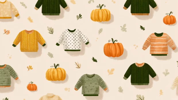 A clean minimalist preppy Fall pattern featuring striped sweaters, tiny pumpkins, and gentle leaf accents.