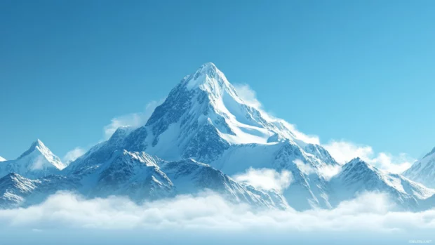A clear blue sky over a mountain peak covered in fresh white snow.