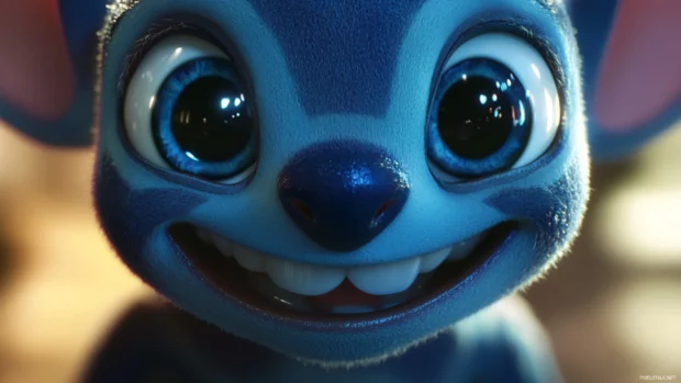 A close up 3D Stitch with wide eyes and realistic shadows smiling softly.