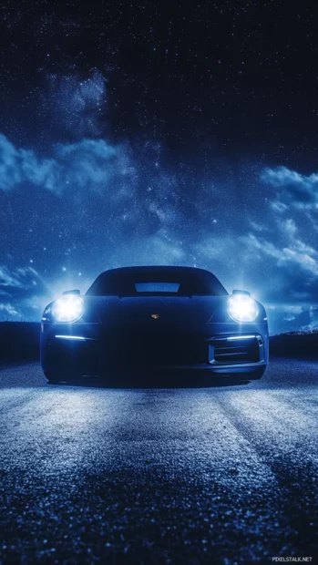 A close up of Porsche headlights shining brightly under a dramatic night sky.