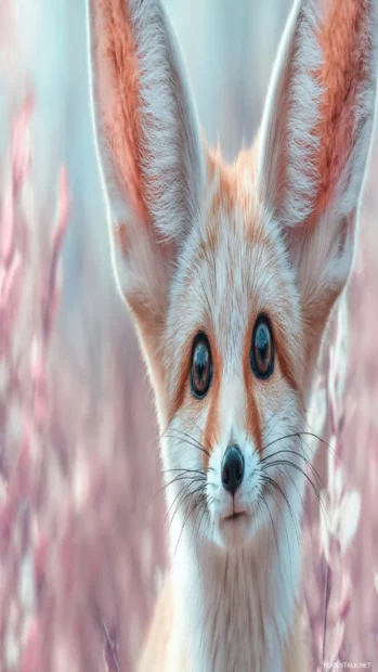 A close up of a Cute Fox with oversized ears and wide sparkling eyes, blurred floral background, pastel color tones.