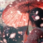 A close up of a Japanese anime girl holding a parasol surrounded by soft falling cherry petals.