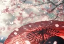 A close up of a Japanese anime girl holding a parasol surrounded by soft falling cherry petals.