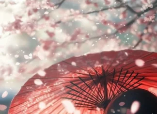 A close up of a Japanese anime girl holding a parasol surrounded by soft falling cherry petals.