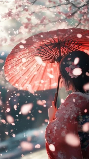 A close up of a Japanese anime girl holding a parasol surrounded by soft falling cherry petals.