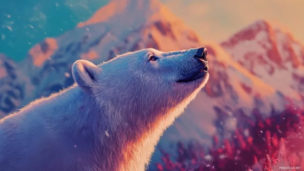 A close up of a Polar Bear sniffing the cold breeze with distant mountains blurred behind.