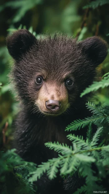 A close up of a bear cubs curious face surrounded by soft forest.