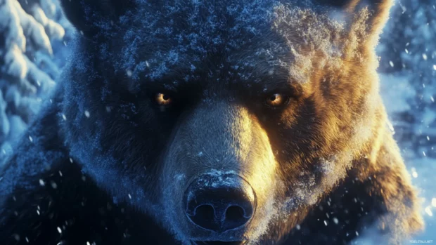 A close up of a bear with glistening fur and intense eyes set against a snowy background.