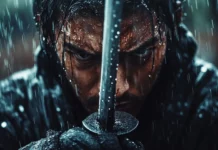 A close up of a determined Japanese samurai gripping his sword with rain falling heavily.