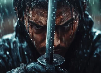 A close up of a determined Japanese samurai gripping his sword with rain falling heavily.