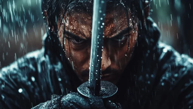A close up of a determined Japanese samurai gripping his sword with rain falling heavily.