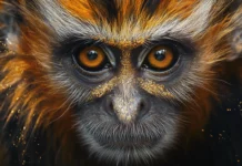 A close up of a monkeys expressive face with golden fur shining.