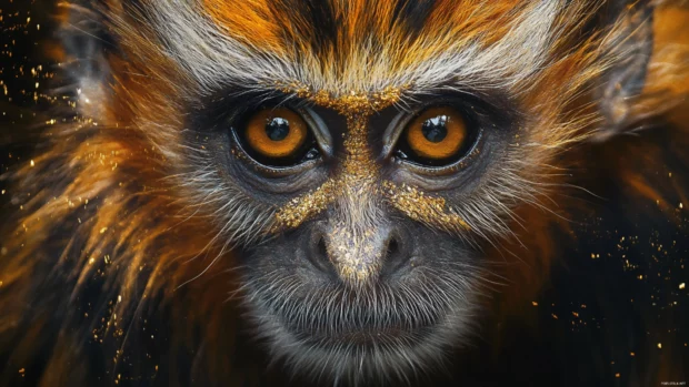 A close up of a monkeys expressive face with golden fur shining.