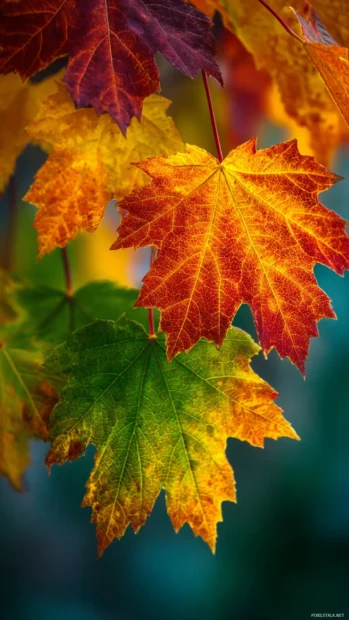 A close up of vibrant fall colors on maple leaves, highlighting their natural patterns and seasonal transformation.