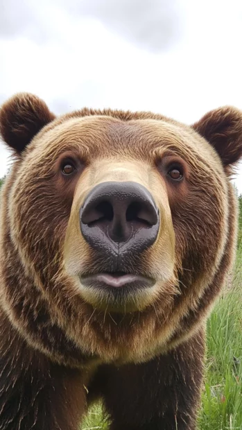 A close up portrait of a brown bear in the wild, with focus on its eyes and snout.