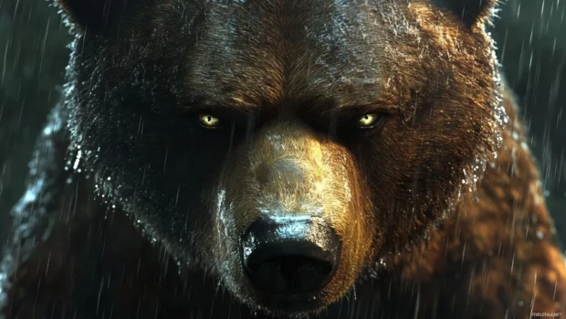 A close up portrait of a brown bear with intense eyes and wet fur in the rain.