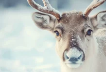 A close up portrait of a reindeer with detailed antlers and winter fur.