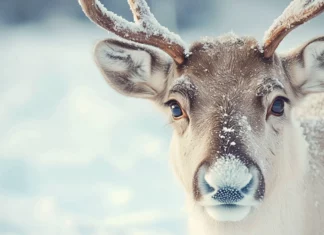 A close up portrait of a reindeer with detailed antlers and winter fur.