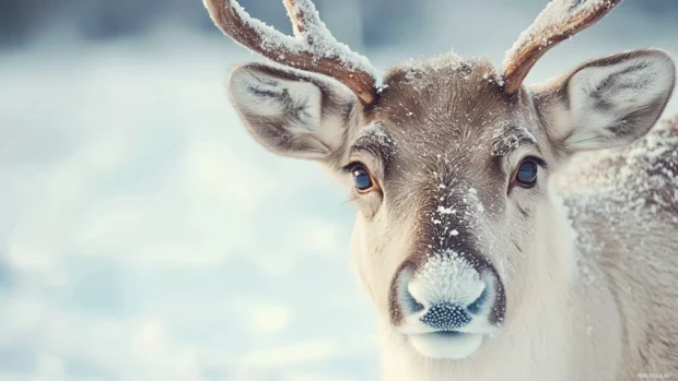 A close up portrait of a reindeer with detailed antlers and winter fur.