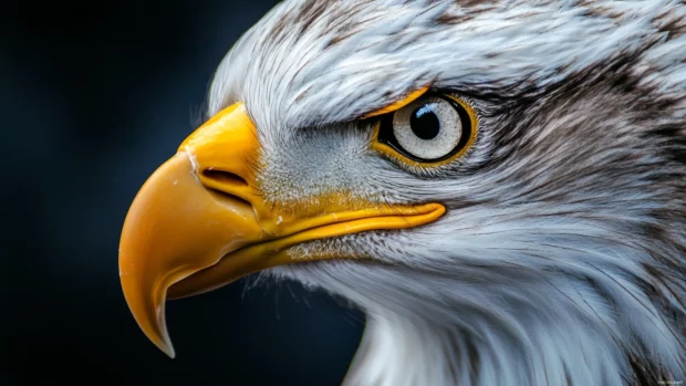 A close up portrait of an eagle with sharp eyes and textured feathers.