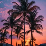 A cluster of aesthetic palm trees glowing under the last light of a peaceful tropical sunset.