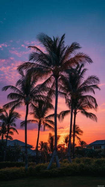 A cluster of aesthetic palm trees glowing under the last light of a peaceful tropical sunset.