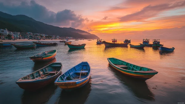 A coastal fishing village at dawn with colorful boats and quiet waves.