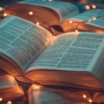 A collection of open books placed among glowing fairy lights, styled as book wallpaper with open pages.