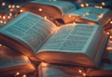A collection of open books placed among glowing fairy lights, styled as book wallpaper with open pages.