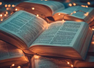 A collection of open books placed among glowing fairy lights, styled as book wallpaper with open pages.