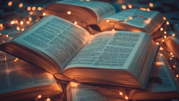 A collection of open books placed among glowing fairy lights, styled as book wallpaper with open pages.