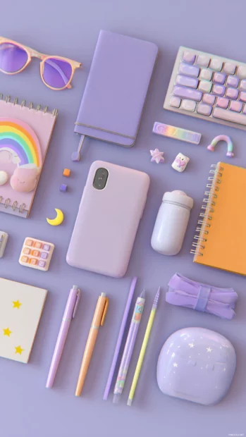 A collection of pastel stationery items laid out on a Cute Lavender surface.