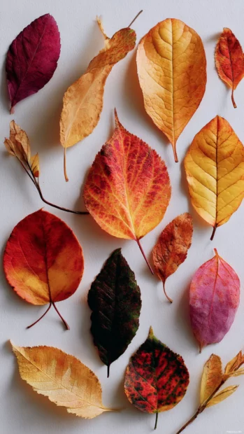A collection of scattered Fall leaves in varying shapes and brilliant autumn colors.