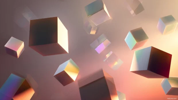 A composition of floating Modern Geometric prisms casting soft shadows over a gradient space.