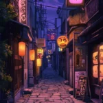 A cool Japanese alleyway wallpaper with glowing signs and narrow passages at dusk.