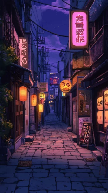 A cool Japanese alleyway wallpaper with glowing signs and narrow passages at dusk.