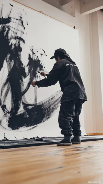A cool Japanese calligraphy artist creating bold strokes with black ink on a giant canvas.