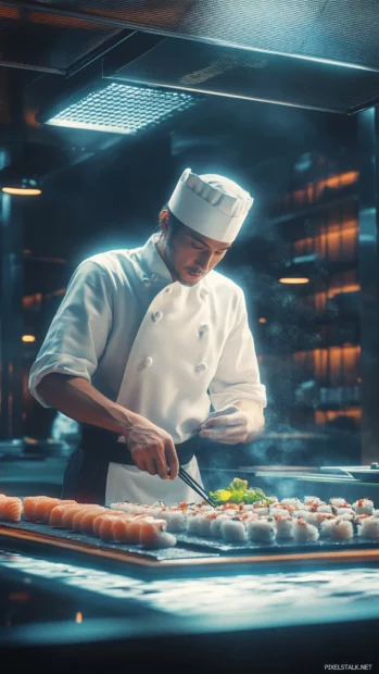A cool Japanese chef preparing sushi with precision under bright lights in a trendy restaurant.