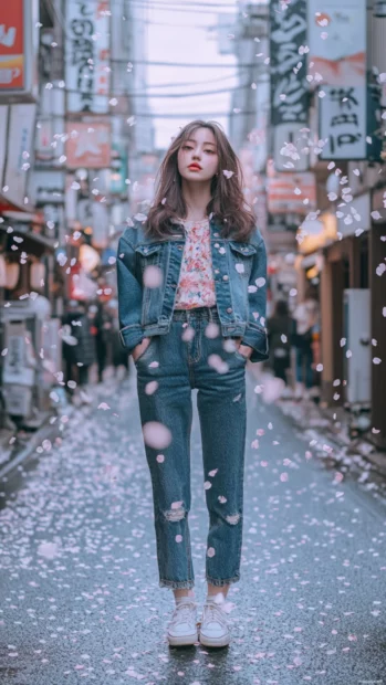 A cool Japanese girl standing on a city street in bold fashion with cherry blossoms falling softly.