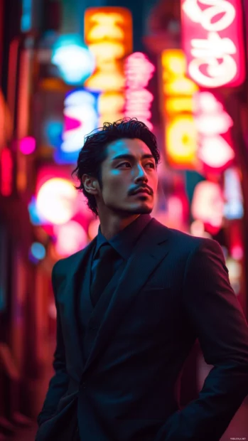 A cool Japanese man in a sleek suit standing confidently against a backdrop of neon signs.