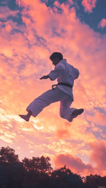 A cool Japanese martial artist captured mid jump against a glowing sunset sky.