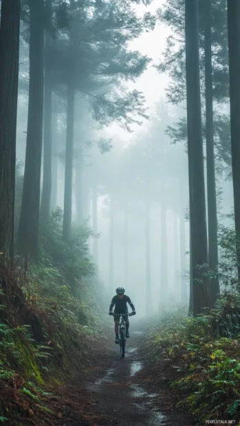 A cool Japanese mountain biker speeding down a forest trail surrounded by misty trees.