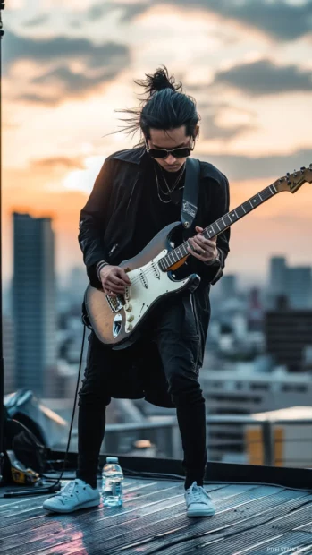 A cool Japanese musician playing electric guitar on a rooftop stage with the city skyline behind.