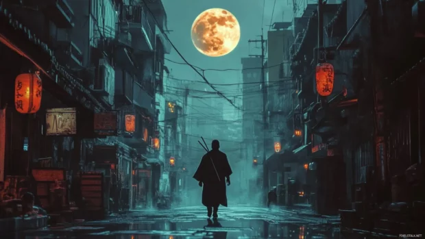 A cool Japanese ninja moving through city shadows with a glowing moon overhead.